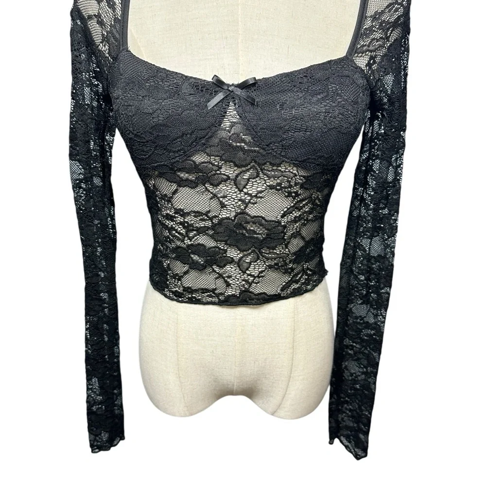 Unbranded Y2K Babydoll Black Lace Sheer Top Dark‎ Coquette Grunge